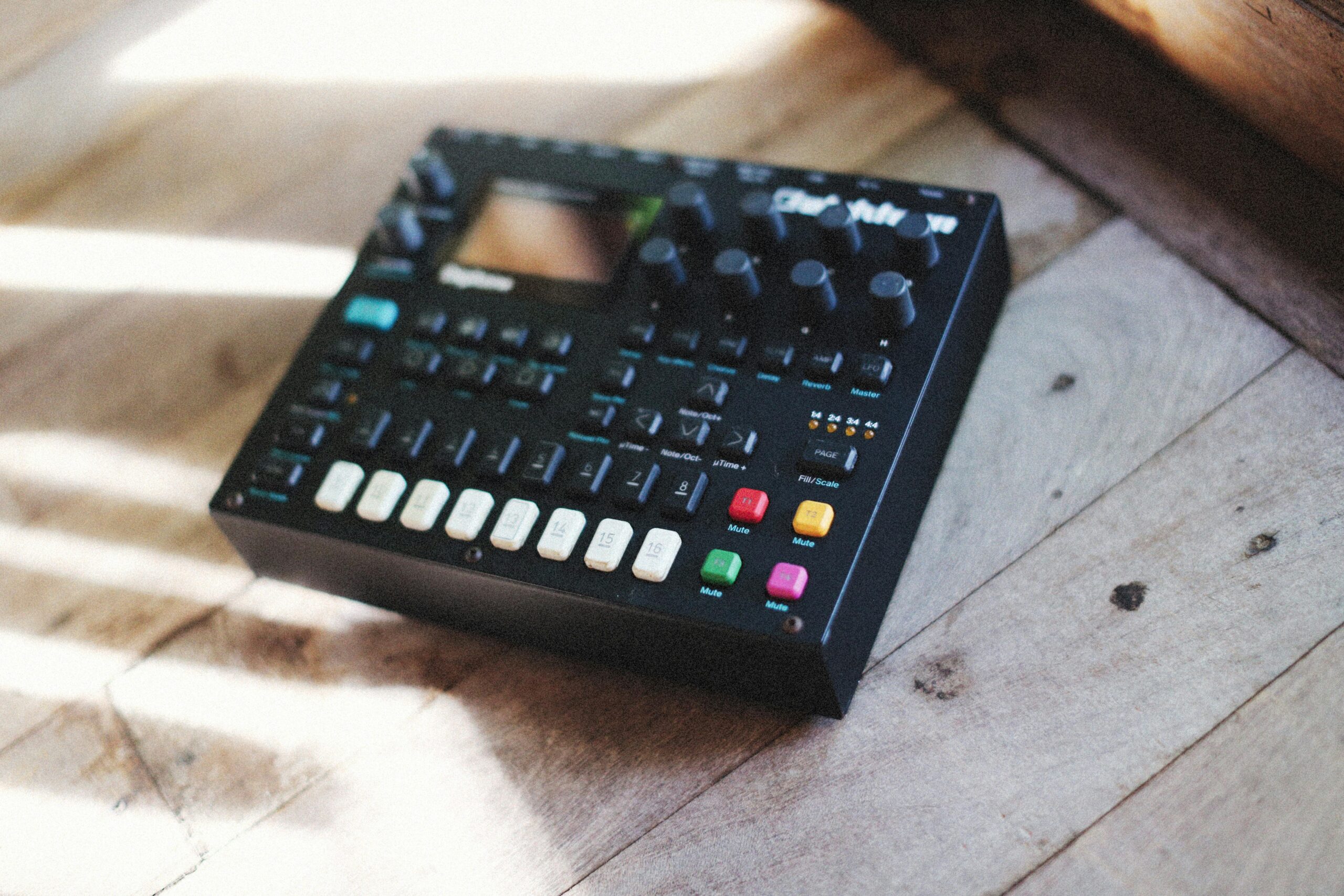Close-up of a digital synthesizer with colorful knobs on a wooden floor, lit by sunlight.